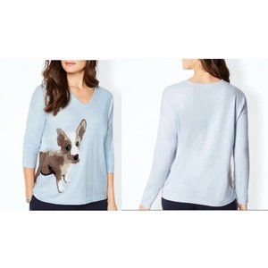 J. Jill Light Blue Corgi Graphic V-Neck Sweater Size Large
